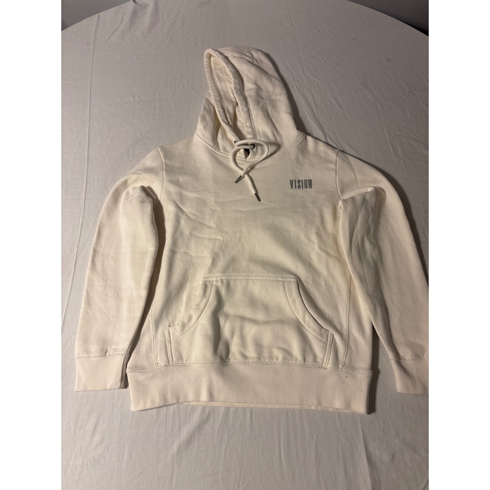 Vision Hoodie Mens Medium‎ Cream White Excellent Graphic Pullover Sweatshirt
